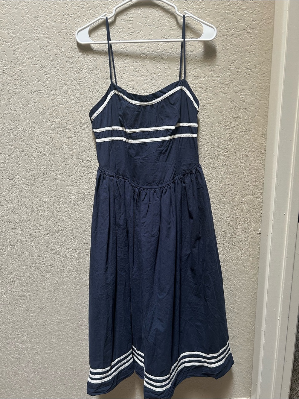 Moon River Navy Blue Contrast Stripe Detail Midi Dress